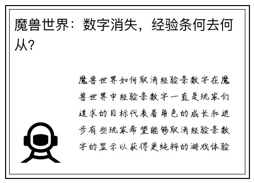 魔兽世界：数字消失，经验条何去何从？